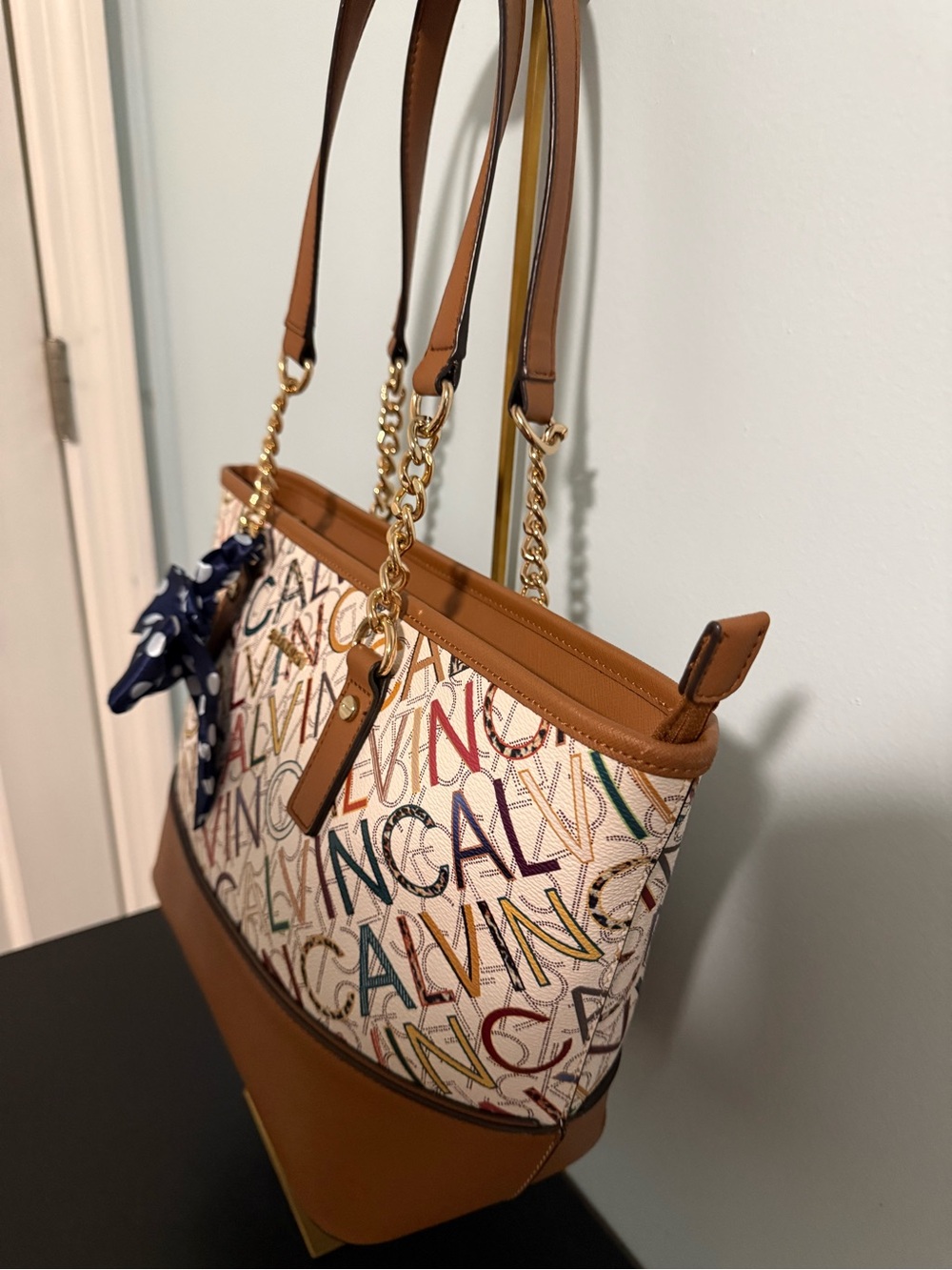 Calvin Klein Multicolor Logo-Print Structured Tote with Tan Trim and gold tones! - Picture 7 of 11
